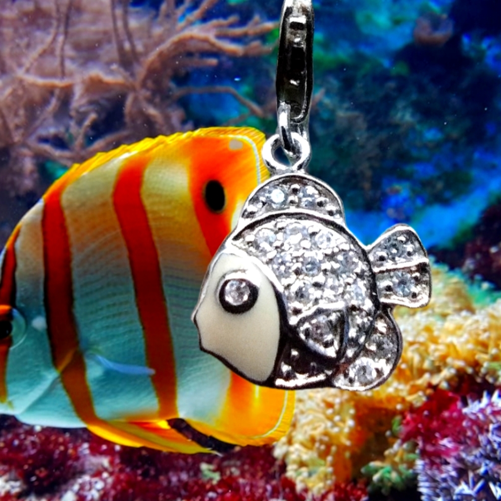 925 Sterling Silver Cubic Zirconia Double Sided Fish Charm